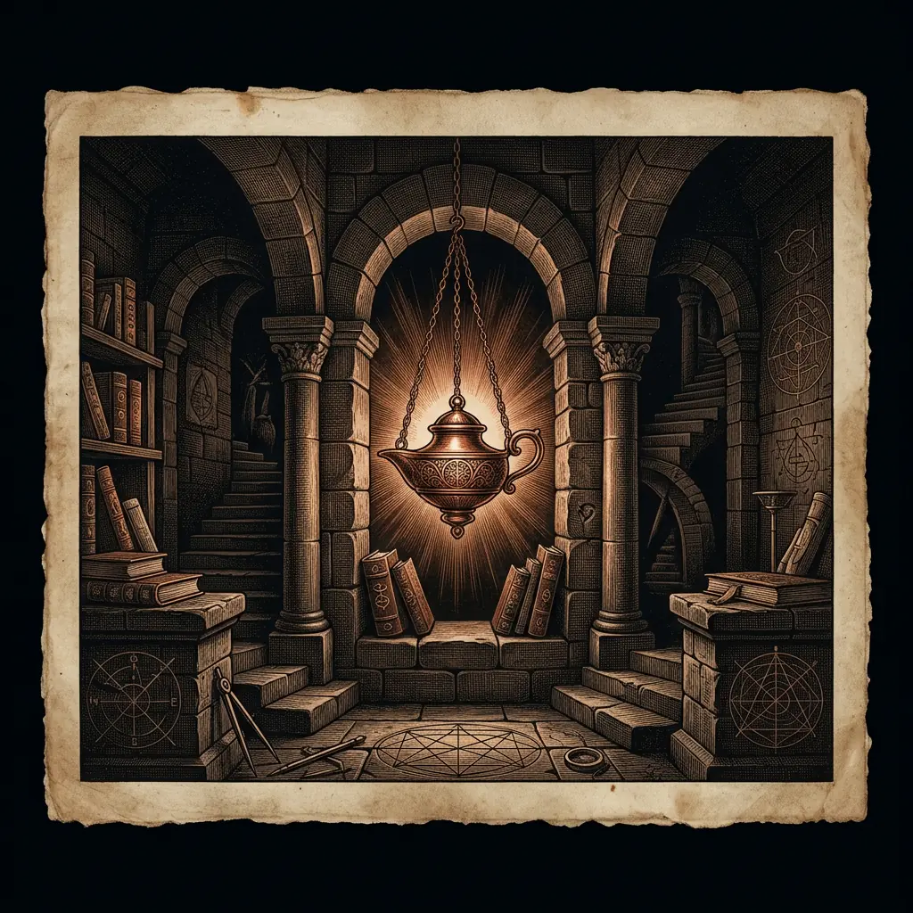 Roshaniya lamp of illumination symbol - Mystery Babylon episode 14 archival illustration