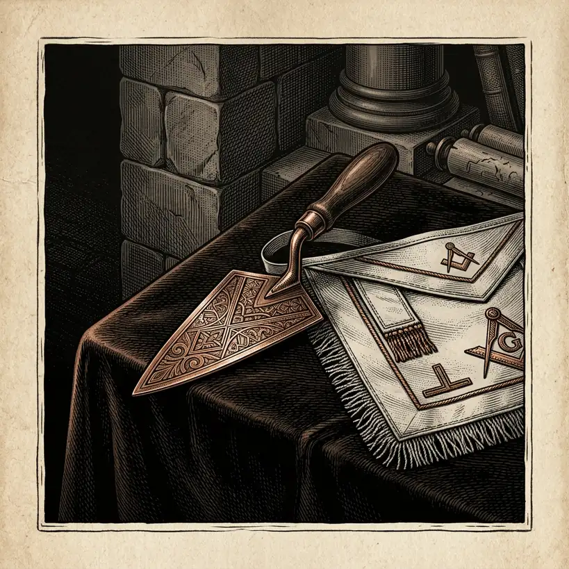 Masonic ritual trowel and apron on dark velvet — Mystery Babylon episode 15 archival illustration