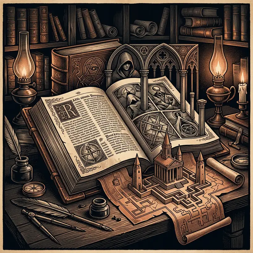 open Morals and Dogma book showing dense text - Mystery Babylon episode 15 archival illustration