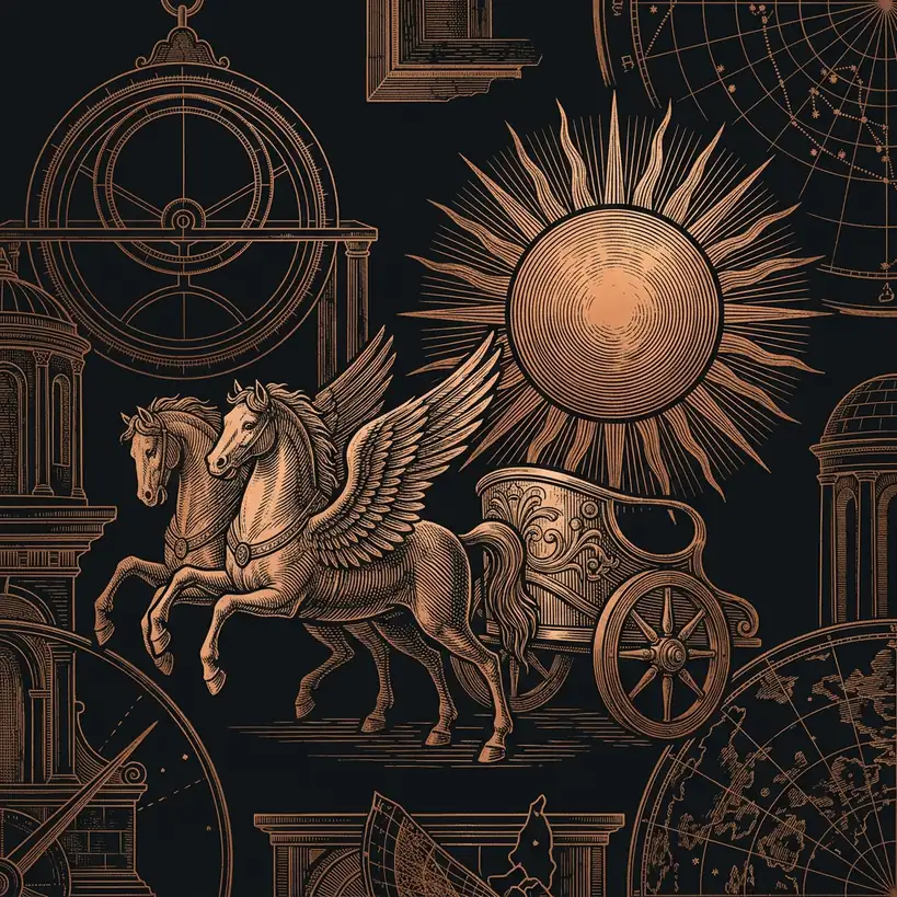 Helios chariot and solar disk archival woodcut style — Mystery Babylon episode 16 archival illustration