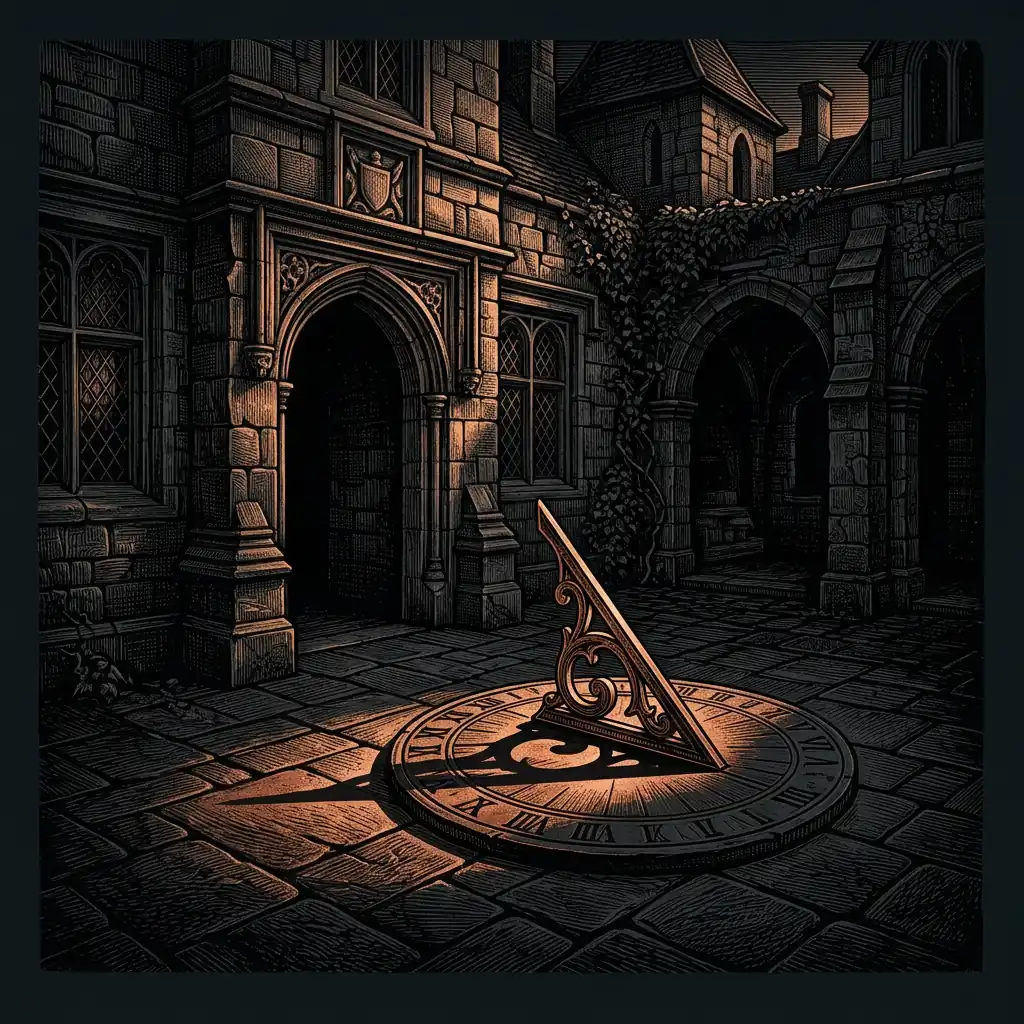 sundial casting copper shadow on dark courtyard stone — Mystery Babylon episode 16 archival illustration