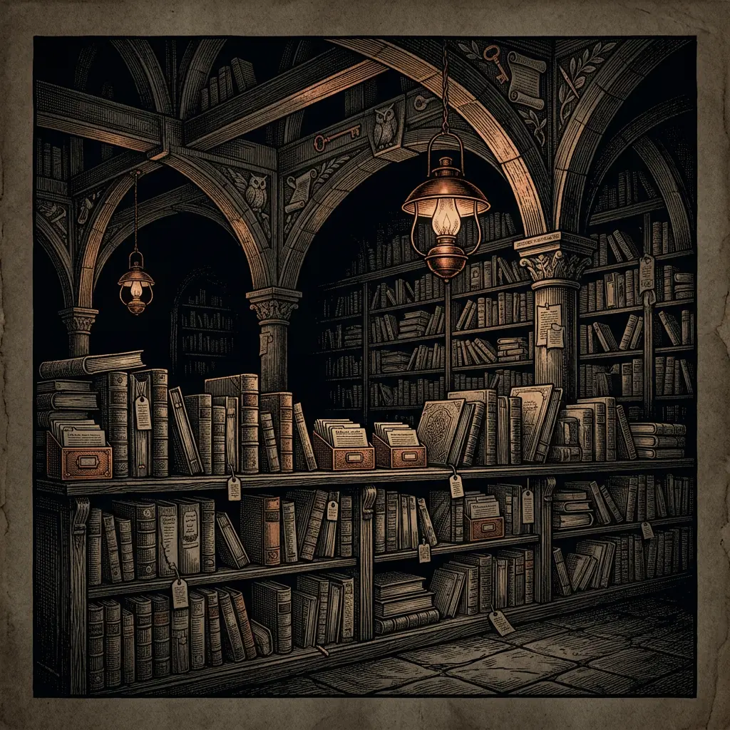 dense bibliography shelf with index cards and reference markers - Mystery Babylon episode 17 archival illustration