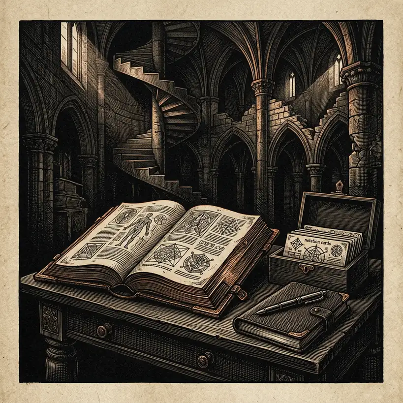 reading desk with open catalogue and notation cards — Mystery Babylon episode 17 archival illustration