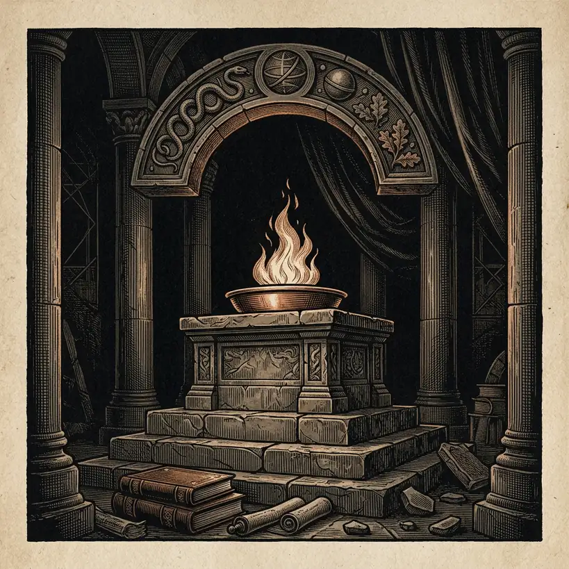 ancient altar with flame — Mystery Babylon episode 18 archival illustration