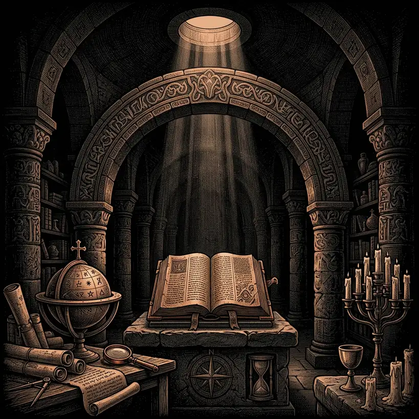 dark ceremonial chamber — Mystery Babylon episode 18 archival illustration