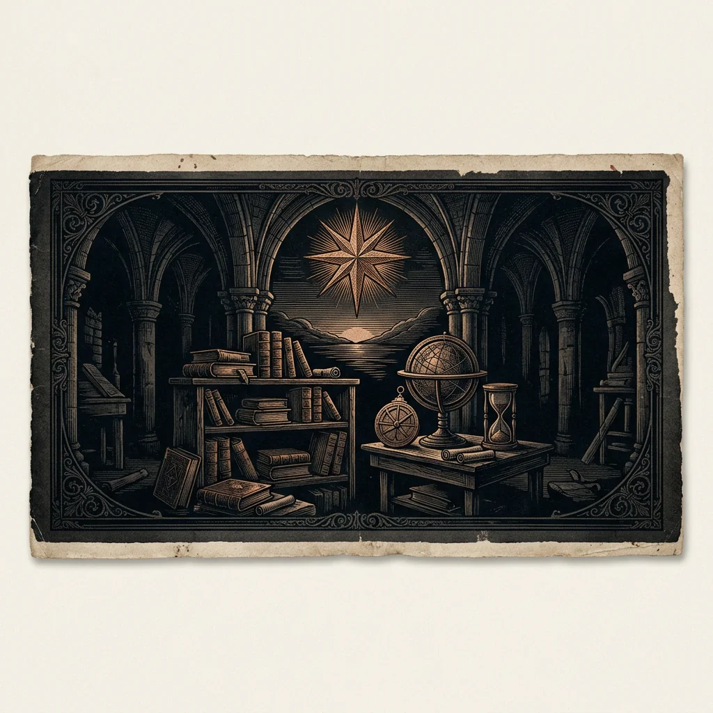 Lucifer morning star symbol: single star above horizon - Mystery Babylon episode 18 archival illustration