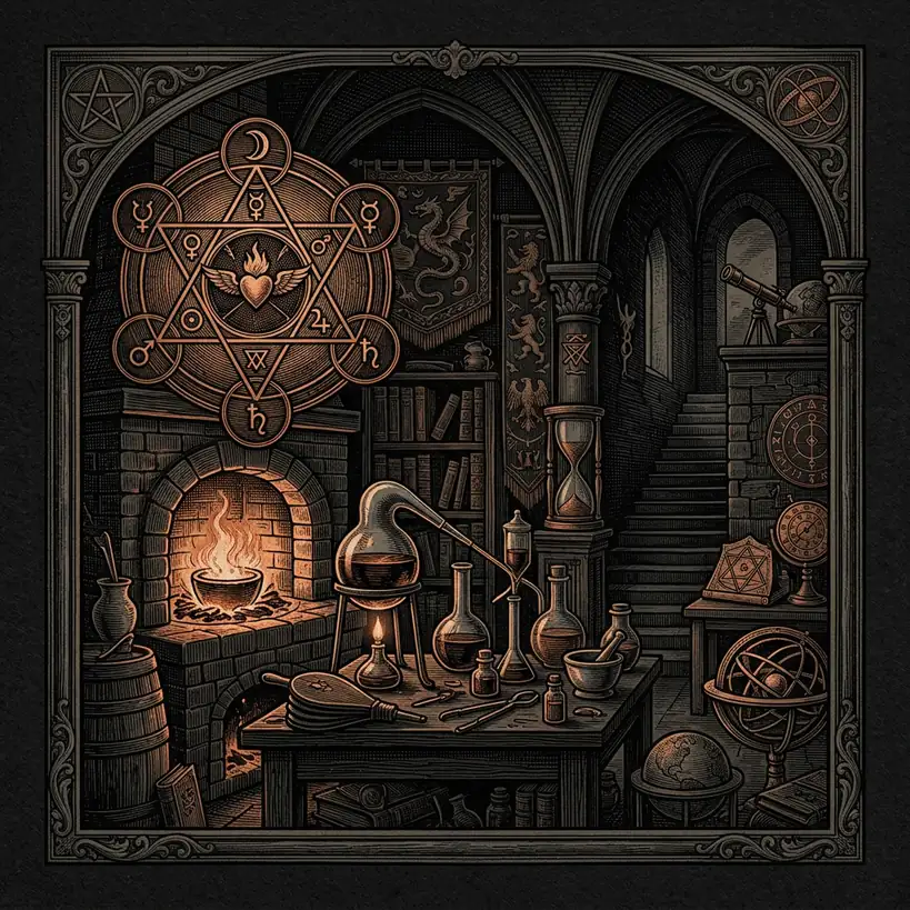 alchemical laboratory instruments: retort — Mystery Babylon episode 19 archival illustration