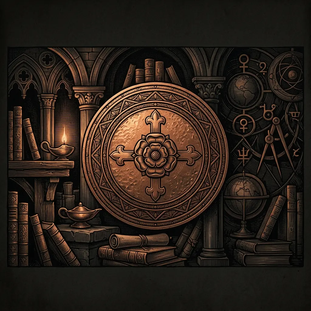 Rose Cross emblem: rose over cross - Mystery Babylon episode 19 archival illustration