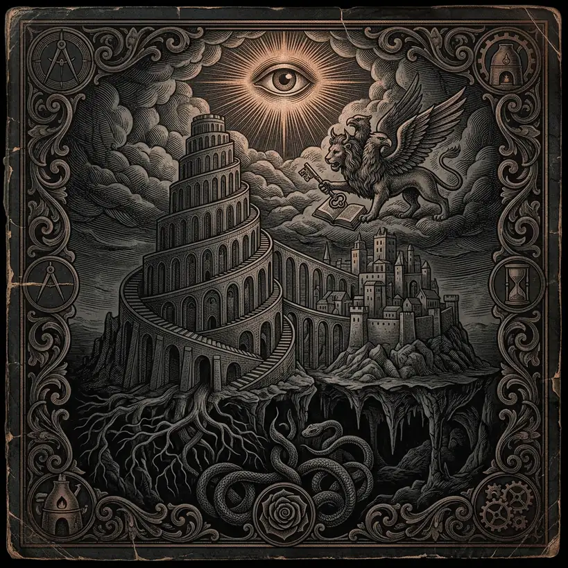 Rosicrucian manifesto Fama Fraternitatis aged pamphlet cover — Mystery Babylon episode 19 archival illustration