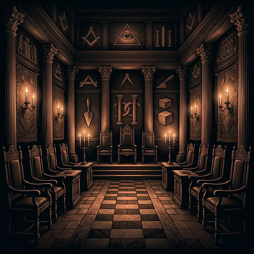Masonic initiation hall with empty chairs — Mystery Babylon episode 20 archival illustration