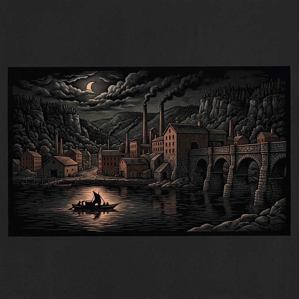 upstate New York riverside at night - Mystery Babylon episode 20 archival illustration