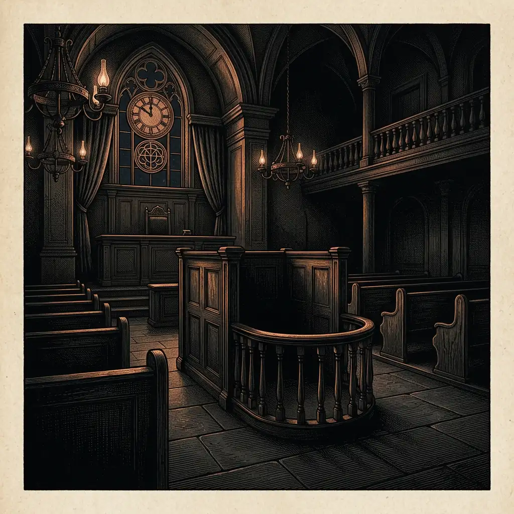 courthouse interior at night — Mystery Babylon episode 21 archival illustration