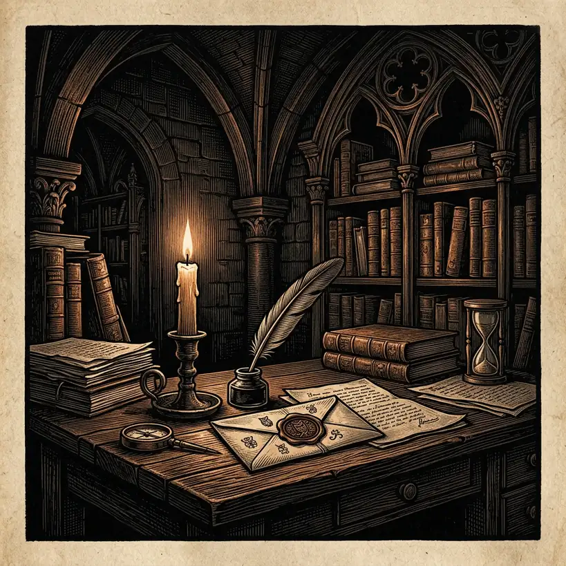 candlelit writing desk with quill and sealed letter — Mystery Babylon episode 22 archival illustration