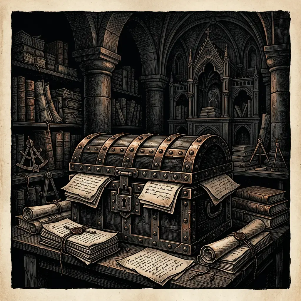 locked iron chest with trial documents - Mystery Babylon episode 22 archival illustration