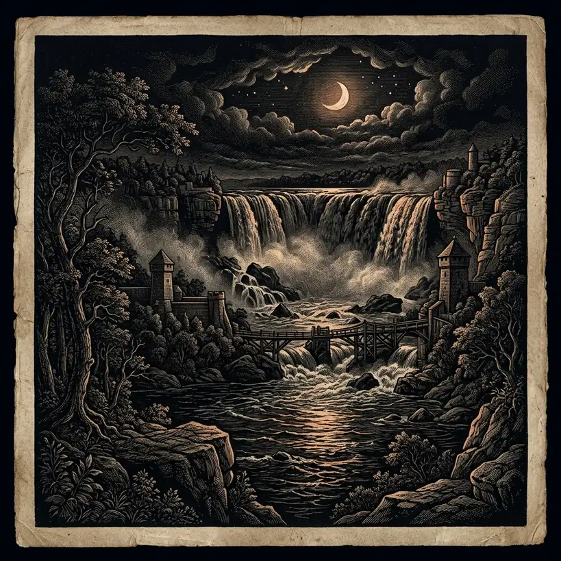 Niagara River at night — Mystery Babylon episode 22 archival illustration
