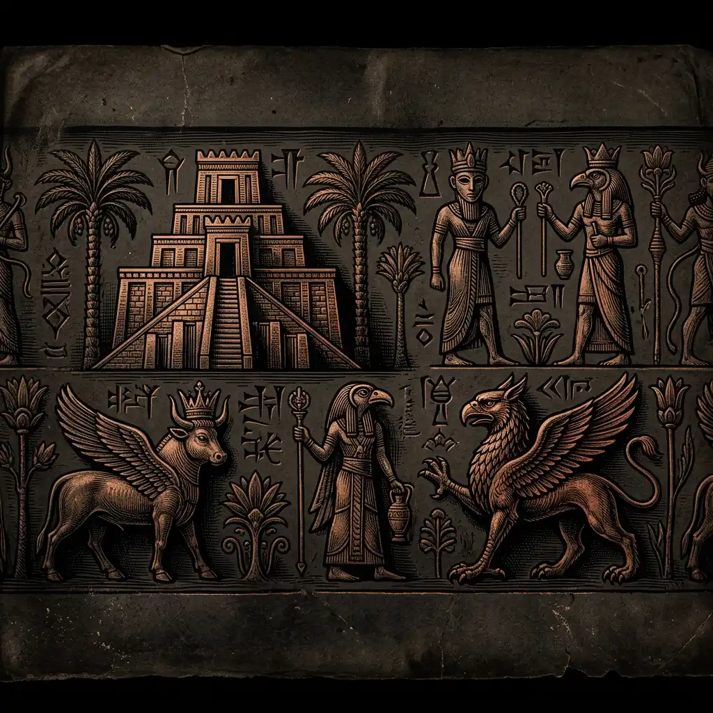 ancient Babylonian cylinder seal impression — Mystery Babylon episode 23 archival illustration