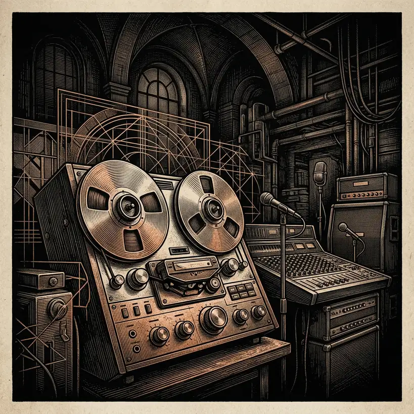 interview recording reel-to-reel machine — Mystery Babylon episode 23 archival illustration