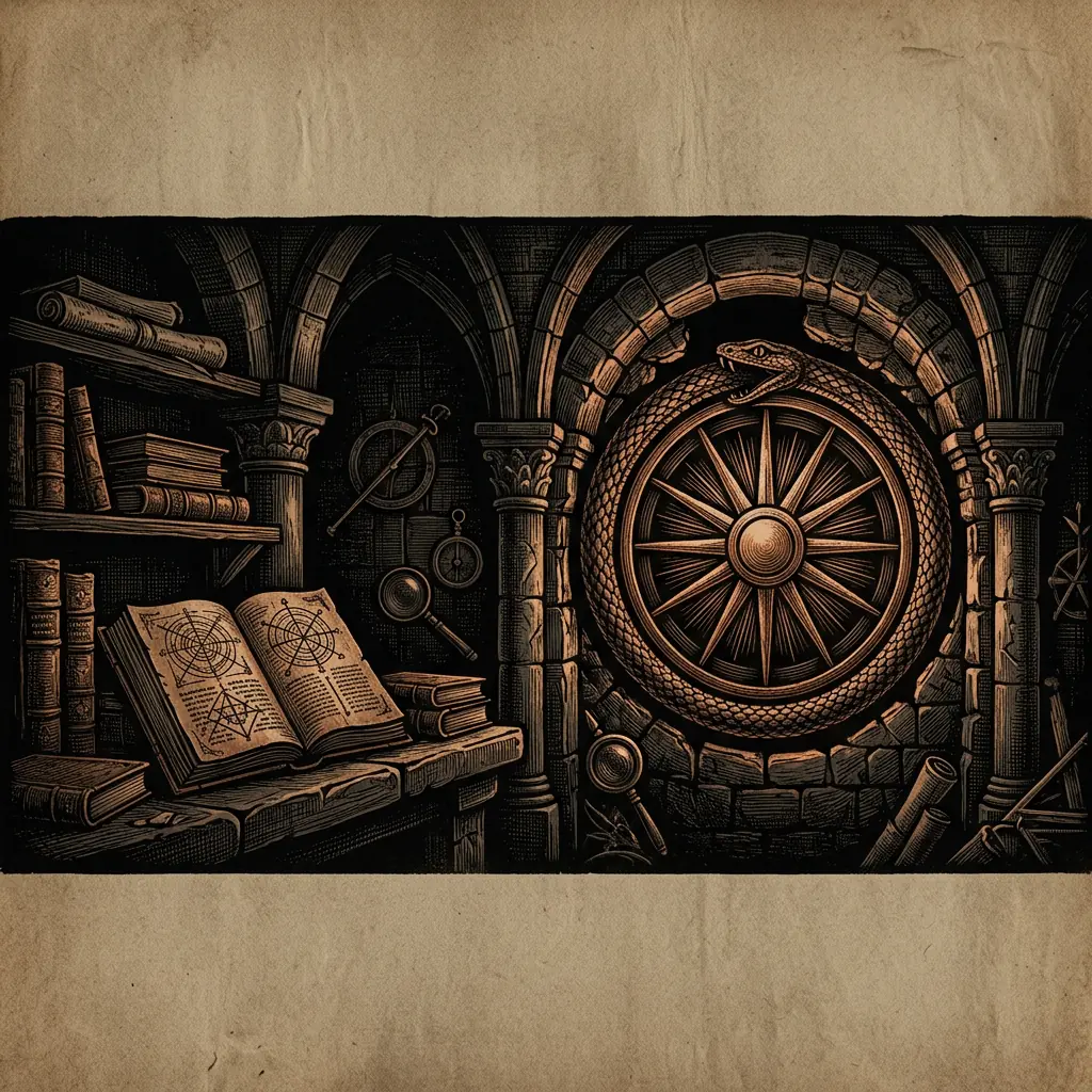 solar mythology symbol: sun wheel with serpent border - Mystery Babylon episode 23 archival illustration