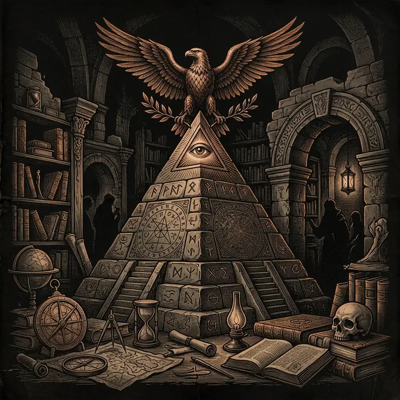 allegorical eagle above pyramid — Mystery Babylon episode 24 archival illustration