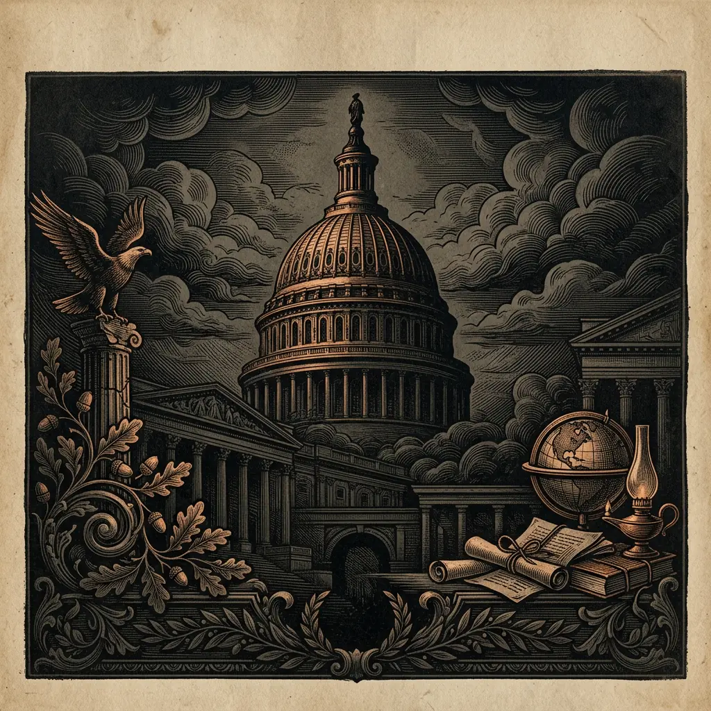 American founding-era architectural detail: Capitol dome silhouette - Mystery Babylon episode 24 archival illustration