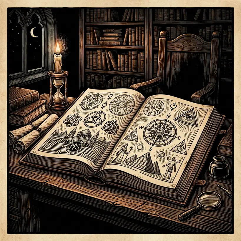 Manly Hall philosophical research manuscript open on desk — Mystery Babylon episode 24 archival illustration