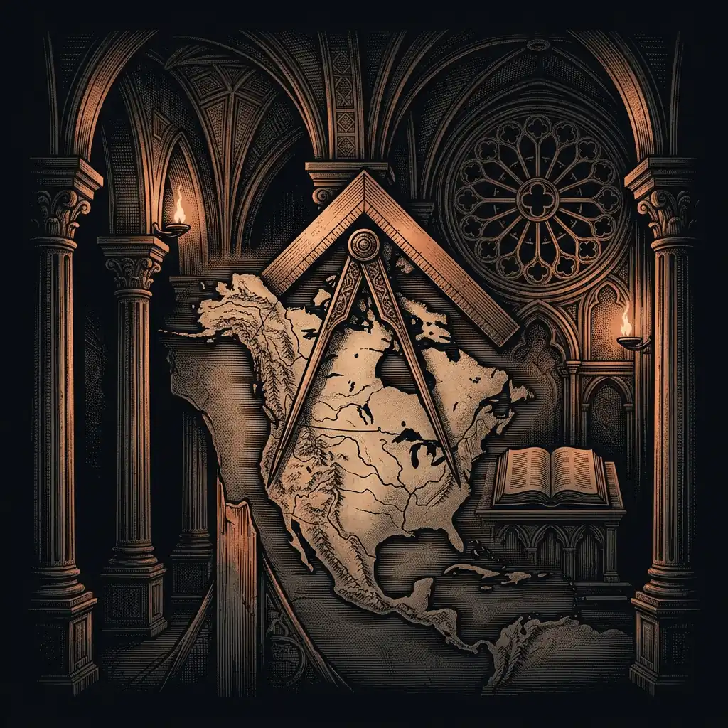 compass and square over a map of North America — Mystery Babylon episode 25 archival illustration