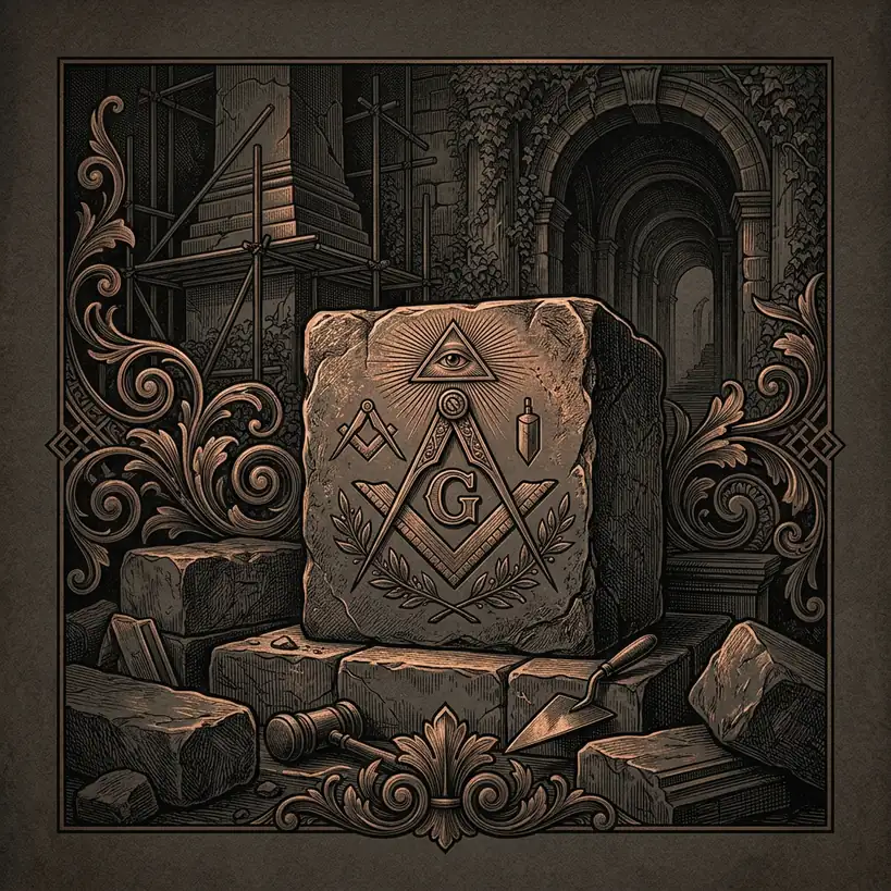 Masonic monument cornerstone inscription — Mystery Babylon episode 25 archival illustration