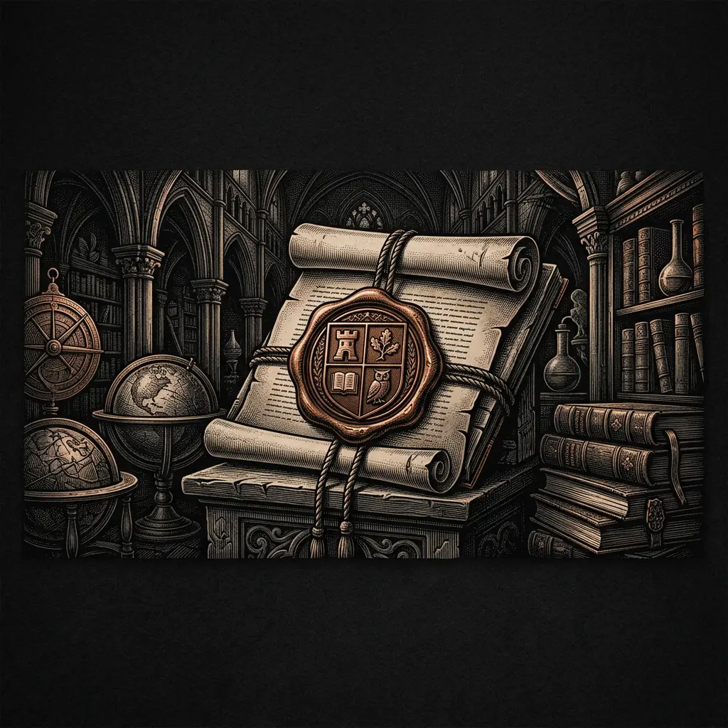sealed founding charter document with wax medallion - Mystery Babylon episode 25 archival illustration