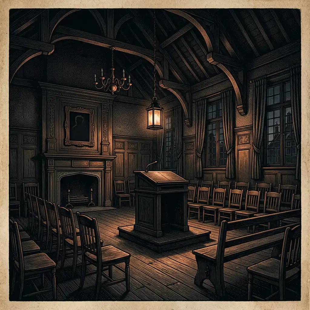 colonial assembly hall at night — Mystery Babylon episode 26 archival illustration