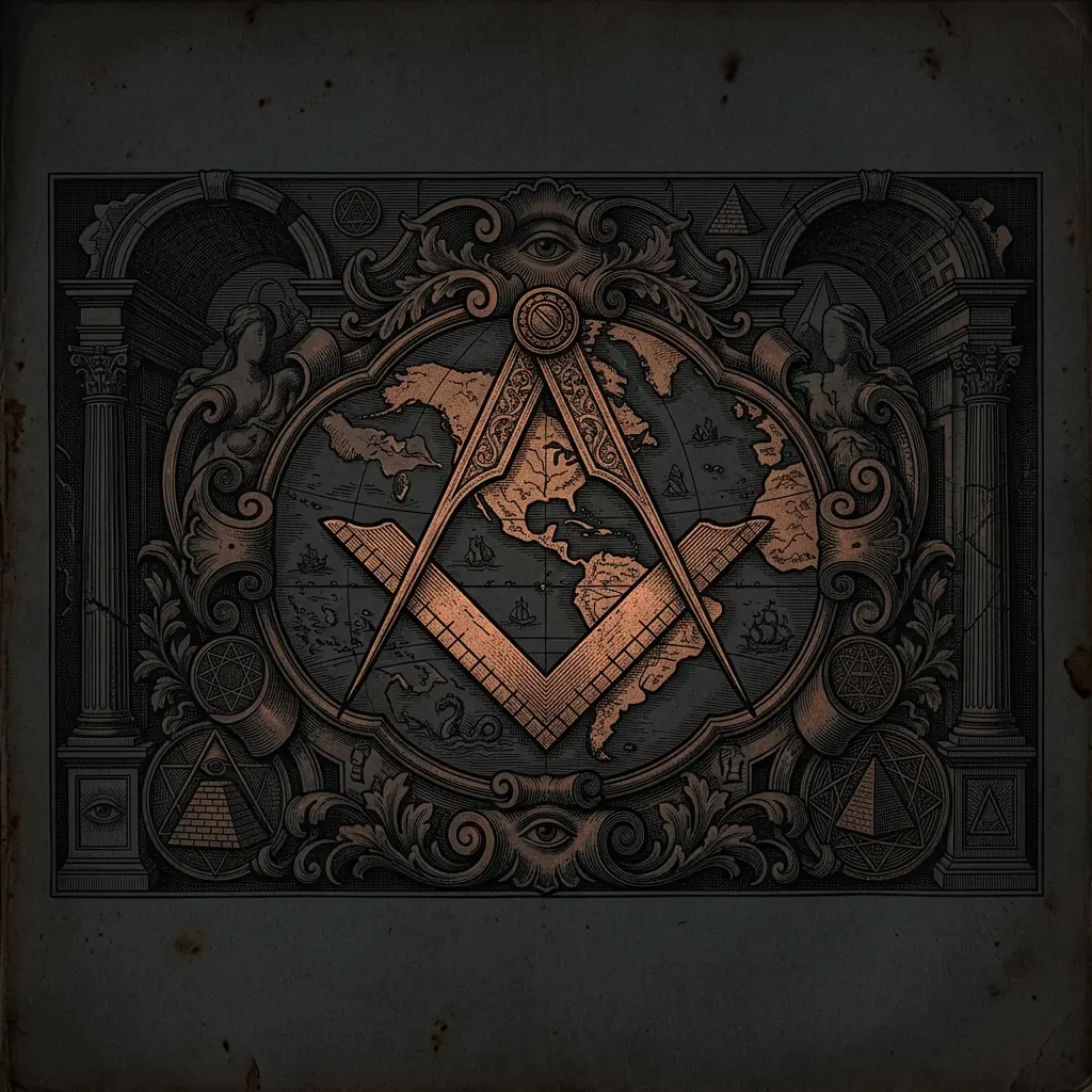 New World map 1700s cartouche with Masonic compass overlay - Mystery Babylon episode 26 archival illustration