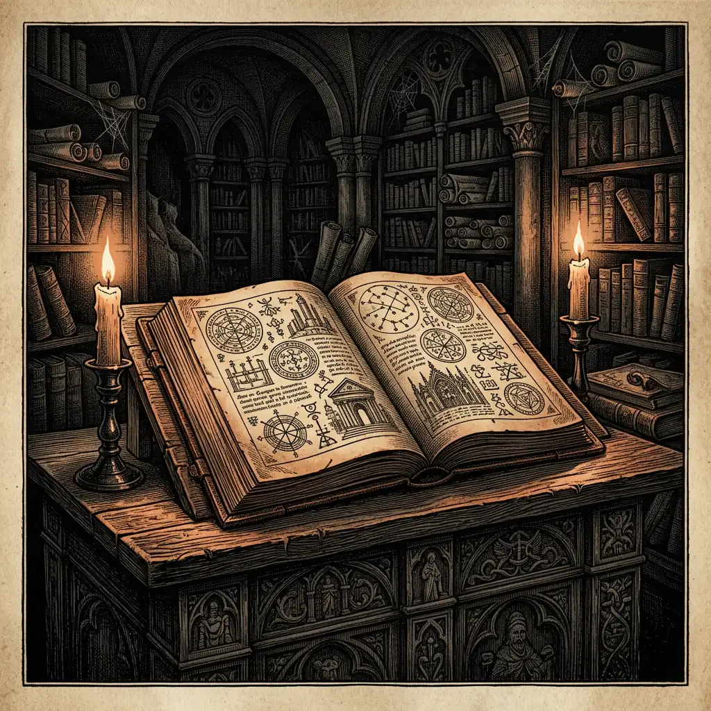 open ancient folio on a reading desk - Mystery Babylon episode 27 archival illustration