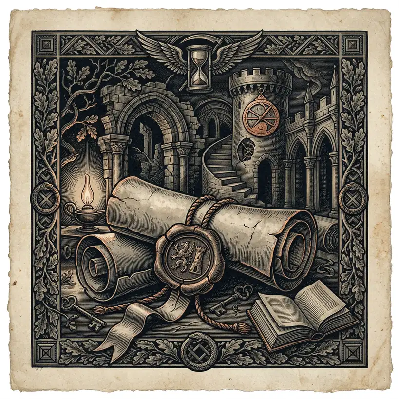 scrolled parchment manuscript with seal and ribbon — Mystery Babylon episode 27 archival illustration