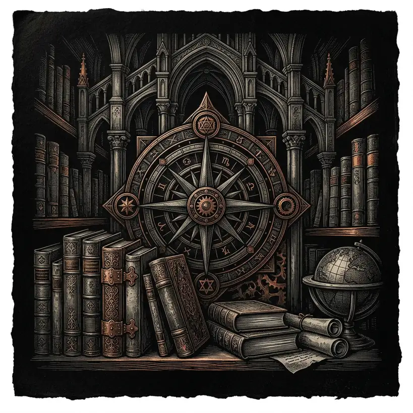 shelf of aged leather-bound volumes — Mystery Babylon episode 27 archival illustration