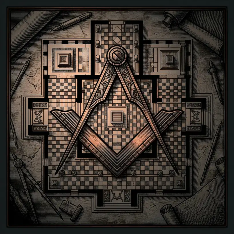 Masonic square and compass overlaid on temple floor plan — Mystery Babylon episode 29 archival illustration
