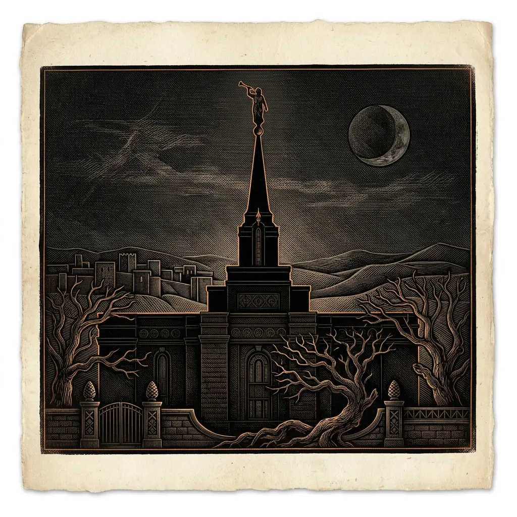 Mormon temple spire silhouette at night - Mystery Babylon episode 29 archival illustration