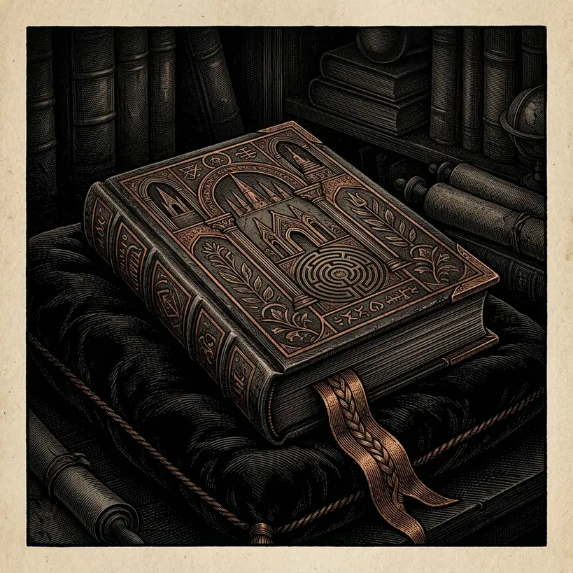 sealed sacred text on dark velvet — Mystery Babylon episode 29 archival illustration
