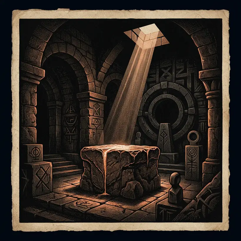 abstract meditation room: altar stone — Mystery Babylon episode 30 archival illustration