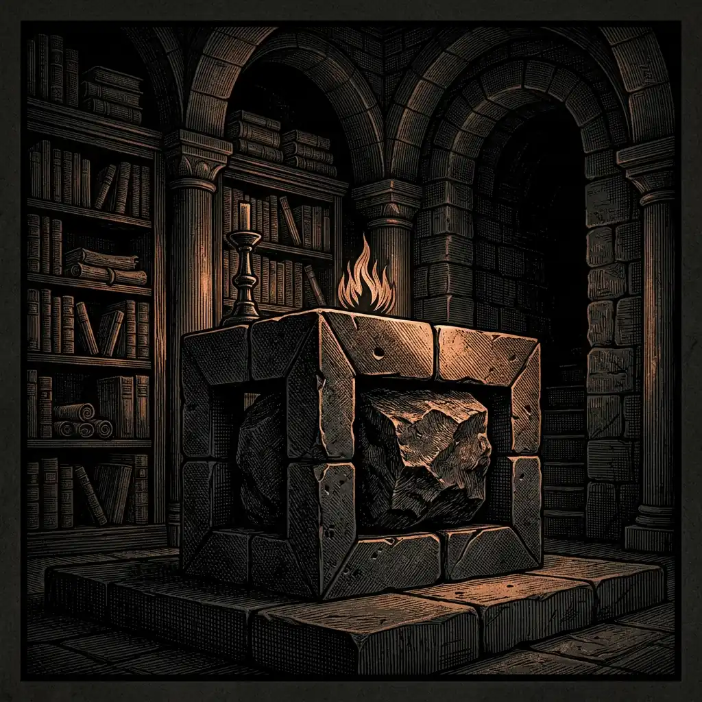 Dag Hammarskjold geometric iron ore altar — Mystery Babylon episode 30 archival illustration