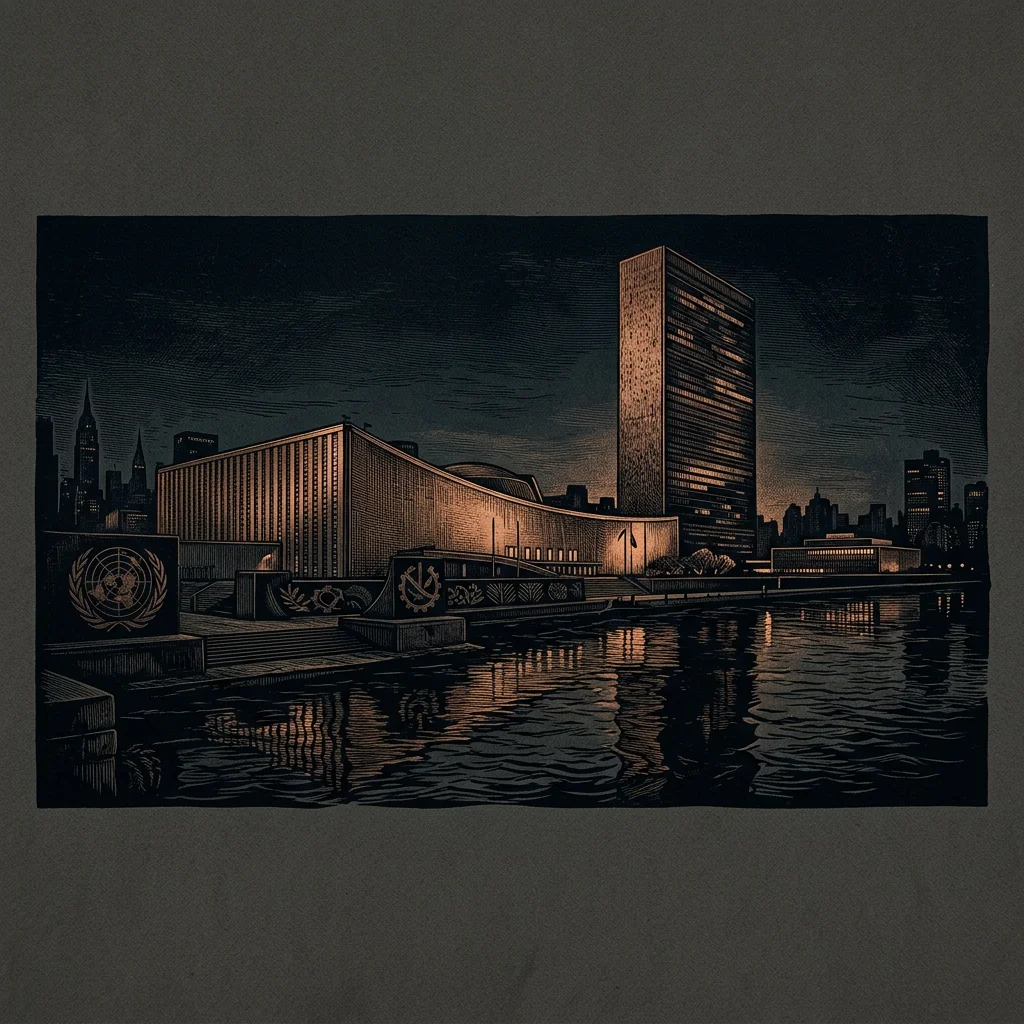 United Nations building silhouette at night - Mystery Babylon episode 30 archival illustration