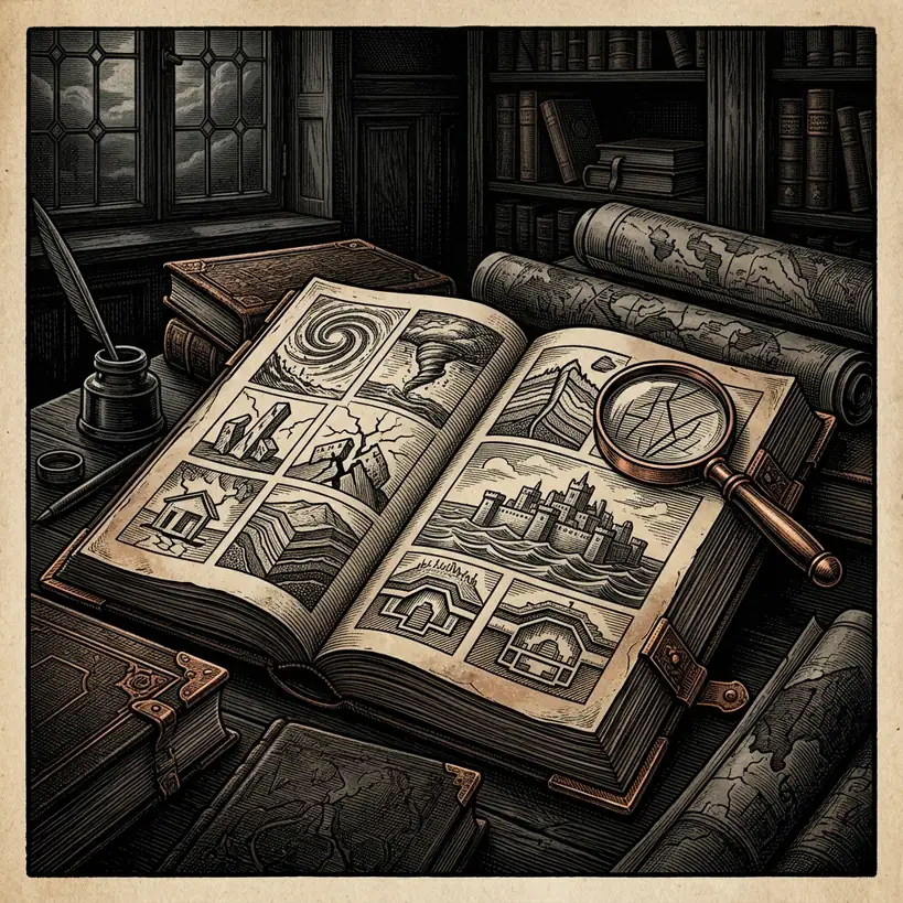 disaster preparedness folio and charts on research desk — Mystery Babylon episode 31 archival illustration