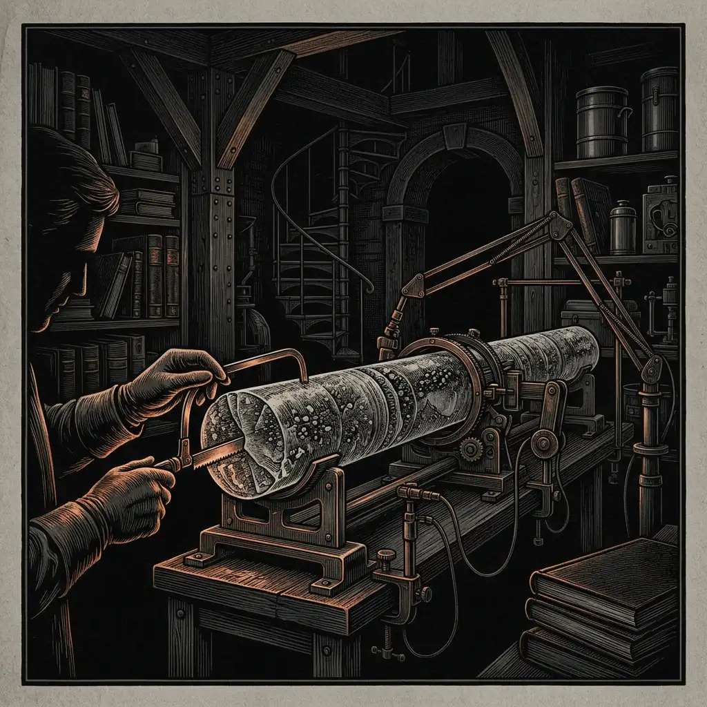 ancient ice core sample in laboratory darkness — Mystery Babylon episode 31 archival illustration