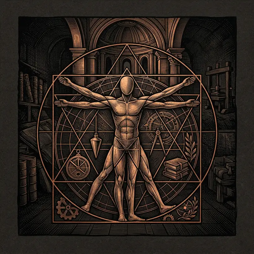 humanist philosophy symbol: vitruvian-style geometry — Mystery Babylon episode 32 archival illustration