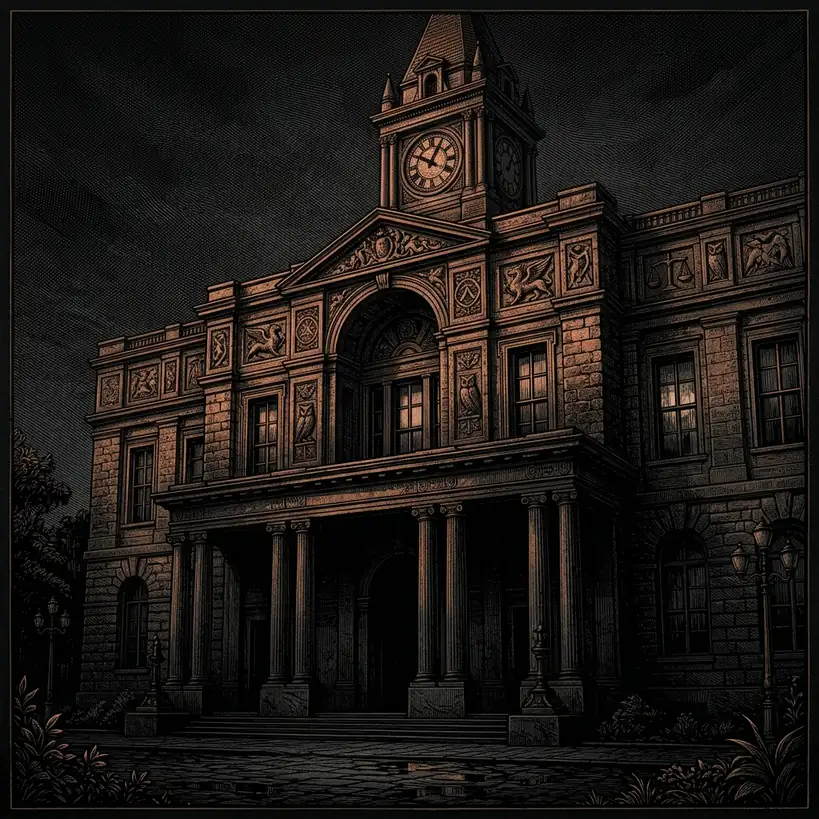municipal hall facade at night — Mystery Babylon episode 32 archival illustration