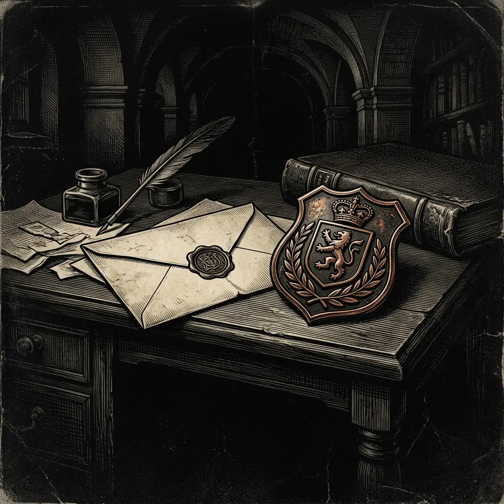 police badge and letter on dark desk - Mystery Babylon episode 32 archival illustration