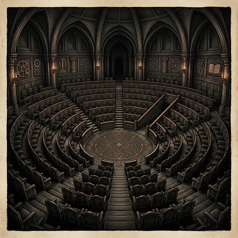 circular assembly chamber viewed from above — Mystery Babylon episode 34 archival illustration