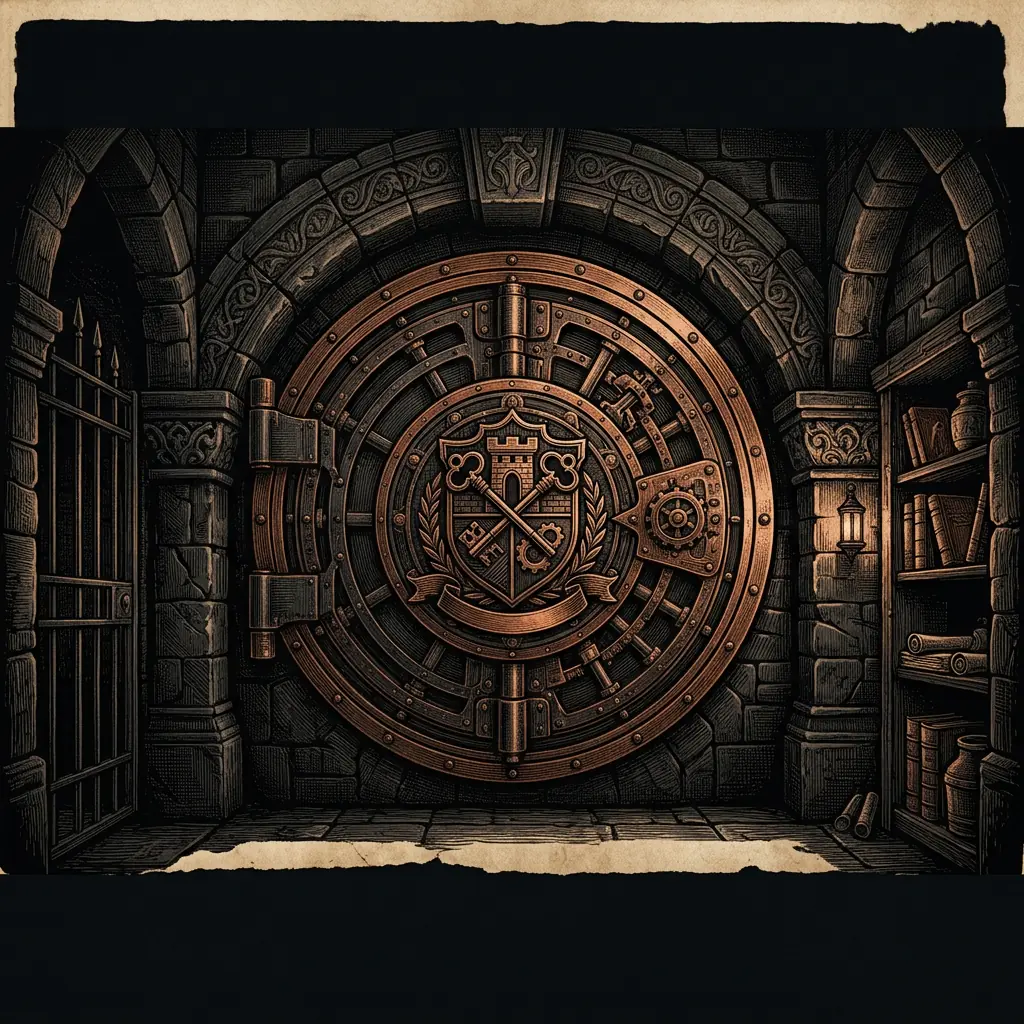 sealed vault door with emblematic crest - Mystery Babylon episode 34 archival illustration