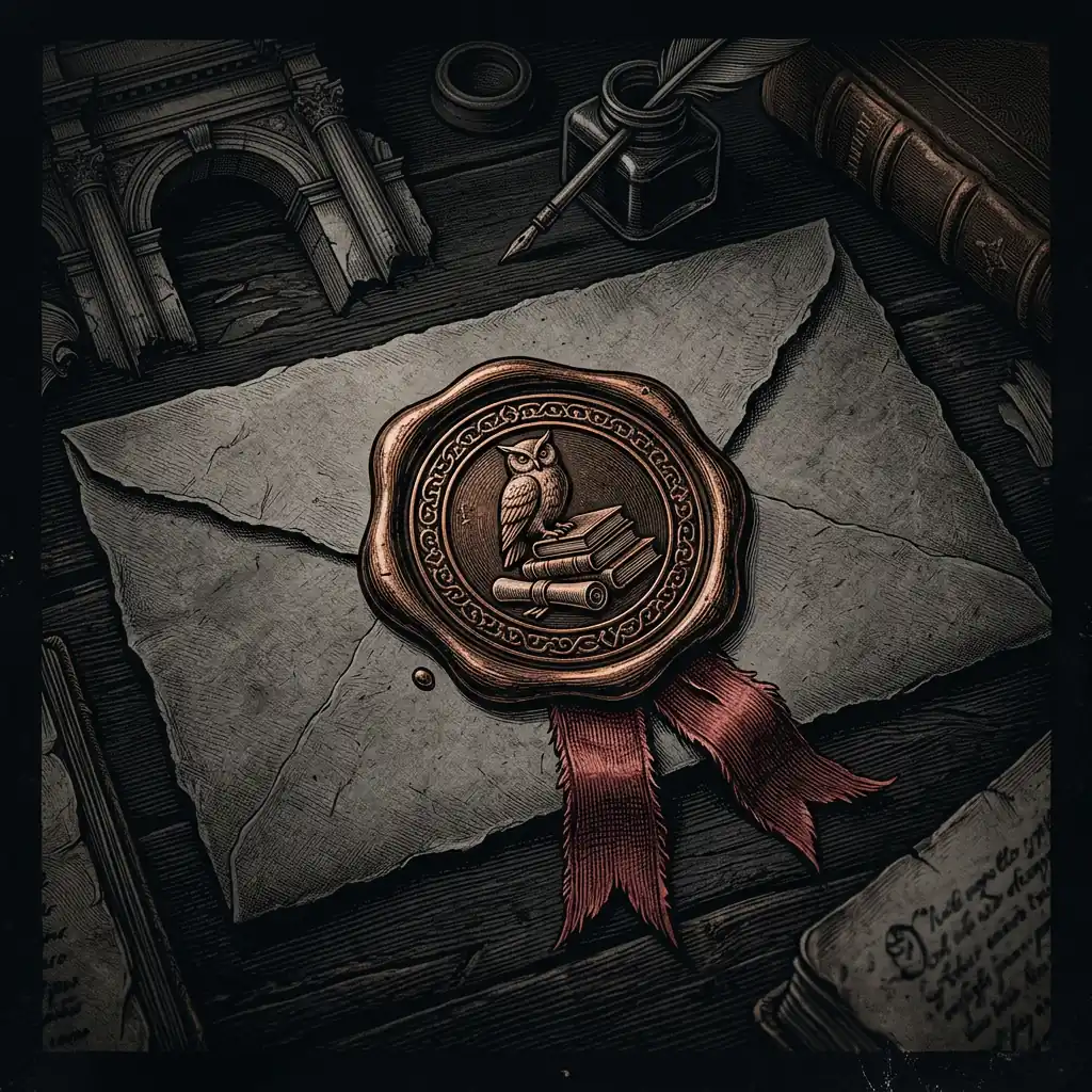 wax-sealed envelope with crest and ribbon on dark wood — Mystery Babylon episode 34 archival illustration