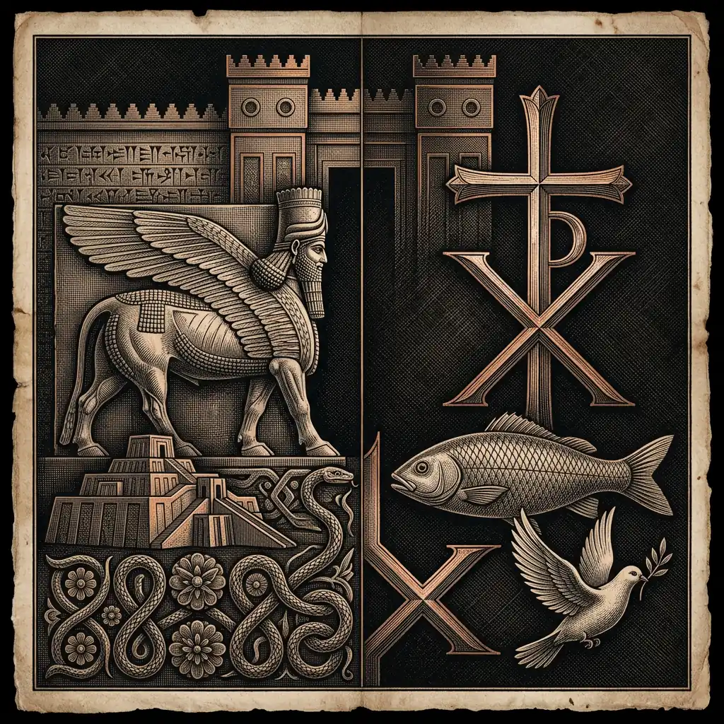 ancient Babylonian and Christian symbol side-by-side comparison chart - Mystery Babylon episode 35 archival illustration