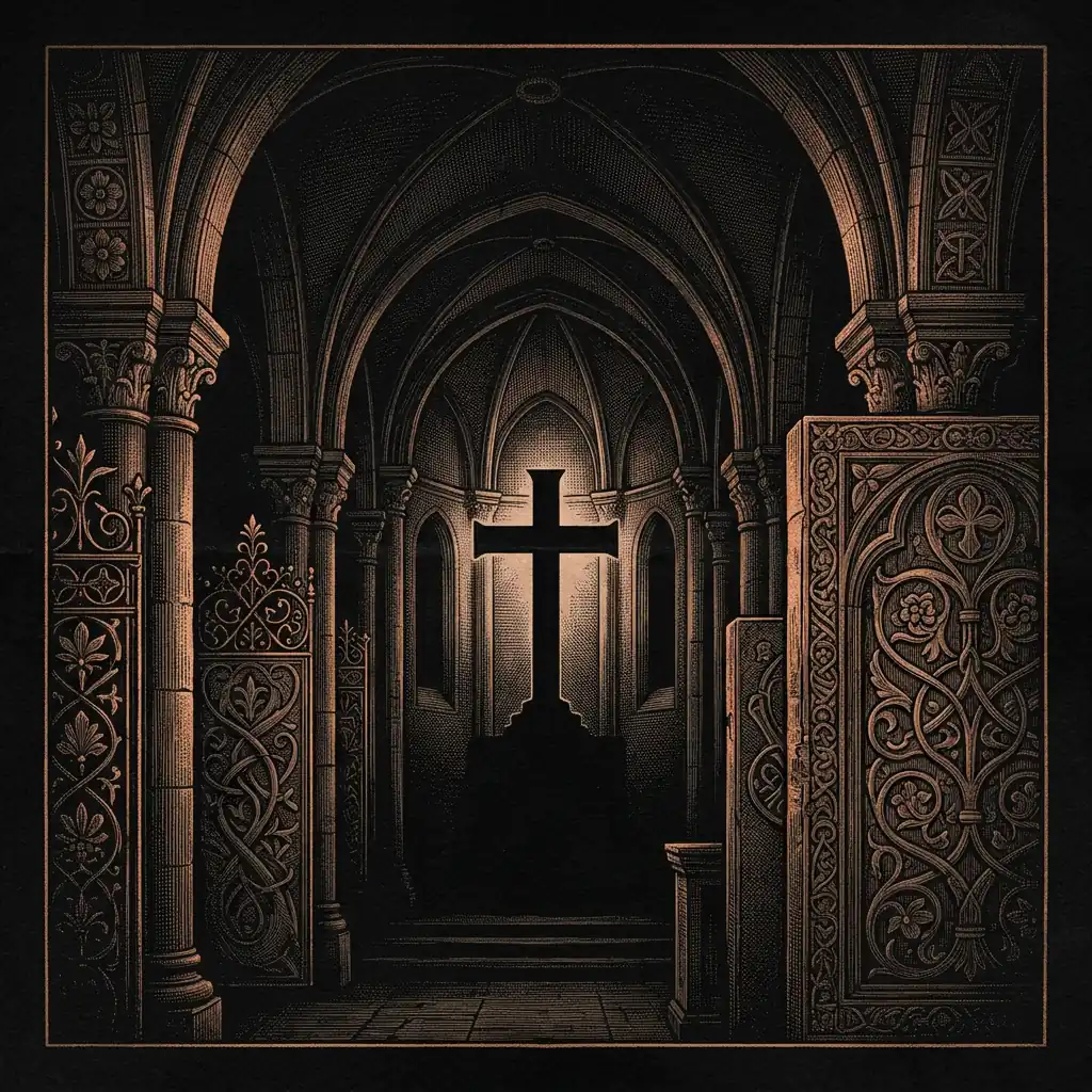 church nave interior at night — Mystery Babylon episode 35 archival illustration
