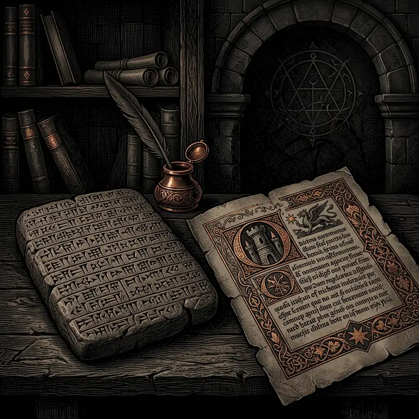 cuneiform tablet beside medieval illuminated manuscript page — Mystery Babylon episode 35 archival illustration